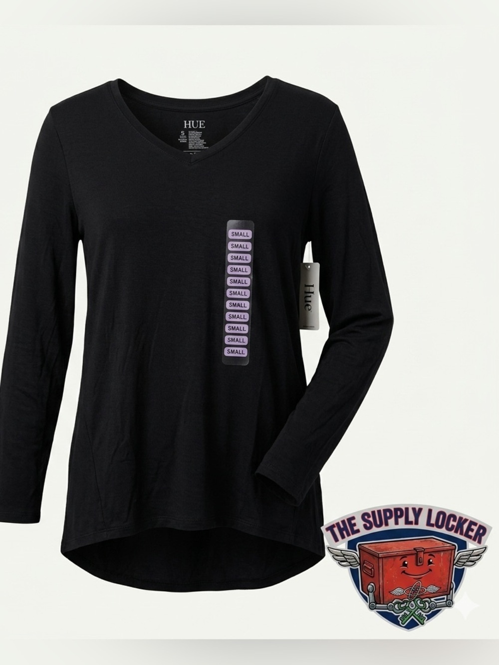 HUE Women’s Small Black V-Neck Tunic Top Long Sleeve Hi Low NWT